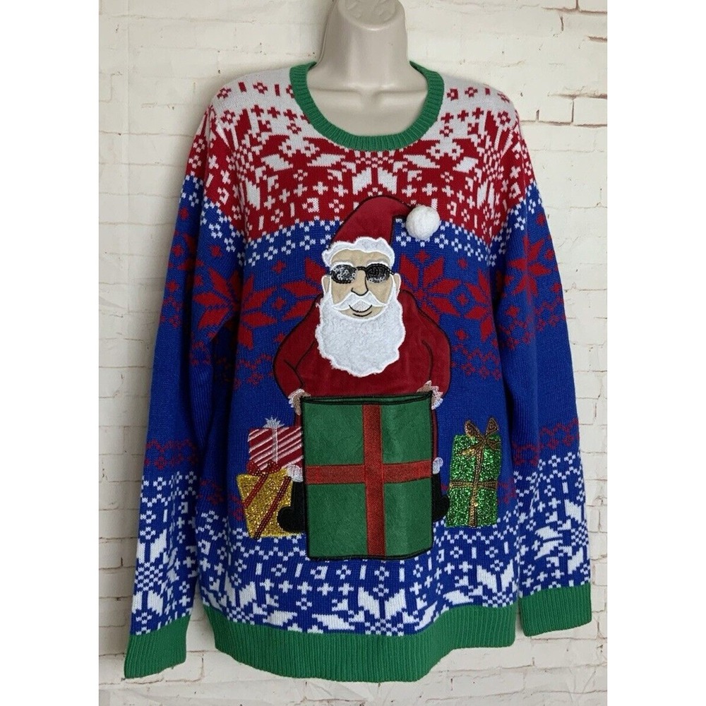 Jolly Sweaters Womens Santa Present Pocket Ugly Christmas Sweater Size L‎